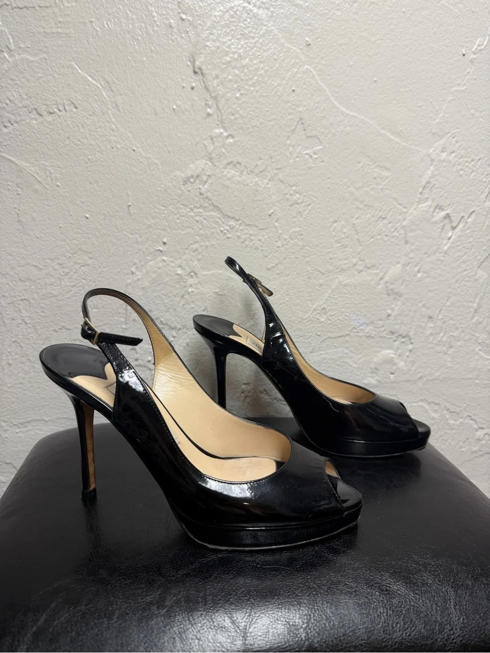 Jimmy Choo Black Patent Leather Peep-Toe Slingback Heels